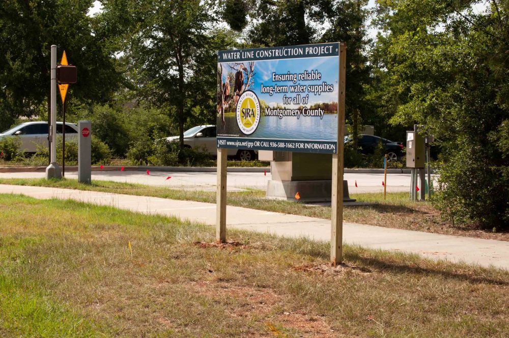 SJRA Water line construction signs in The Woodlands, Texas